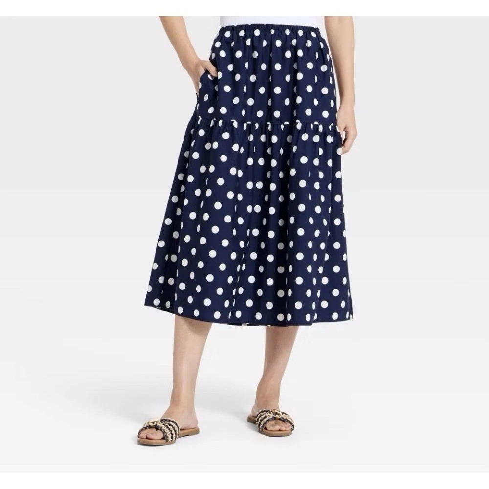 A New Day Women's Size Small Tiered Eyelet Midi Skirt High Rise Cotton Navy